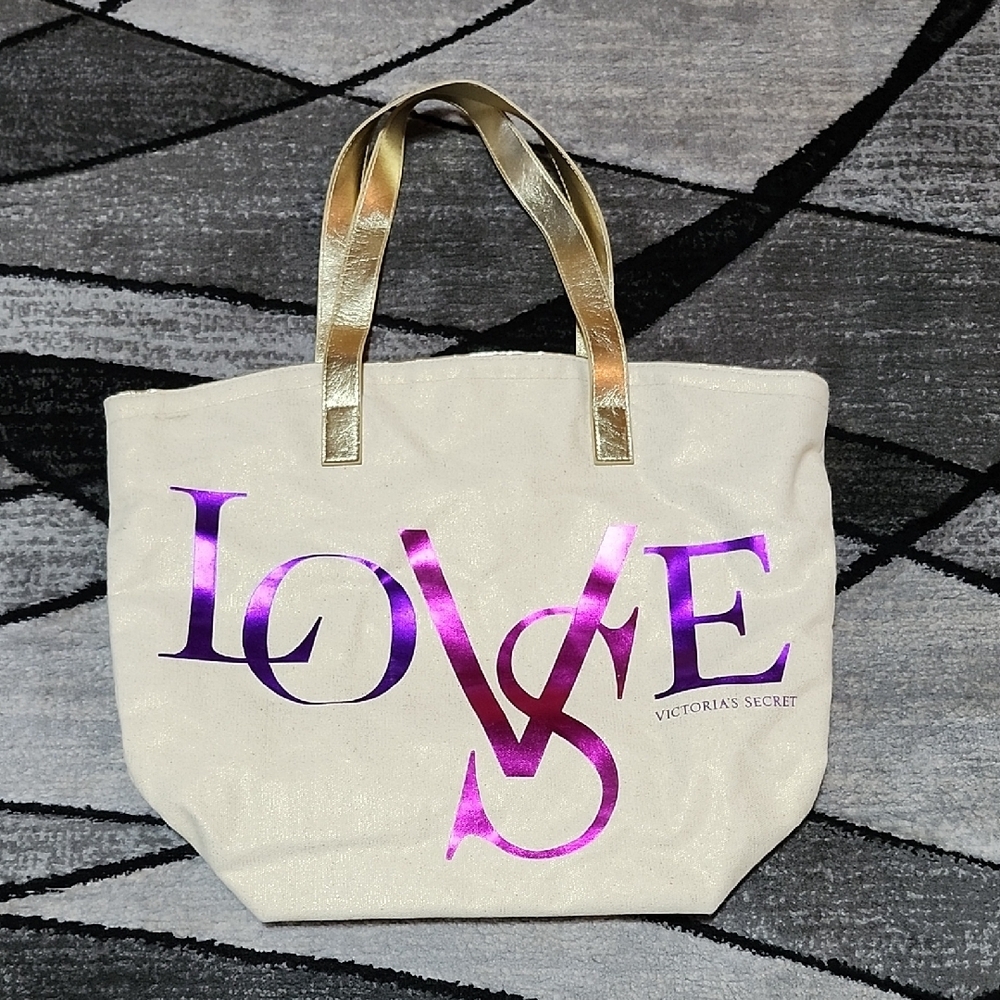 VINTAGE VICTORIA SECRET METALLIC SHINE LOVE SHIMMER CANVAS TOTE BAG